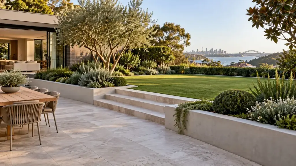Finished sandstone terrace, rendered garden walls and lawn with harbour views, Sydney